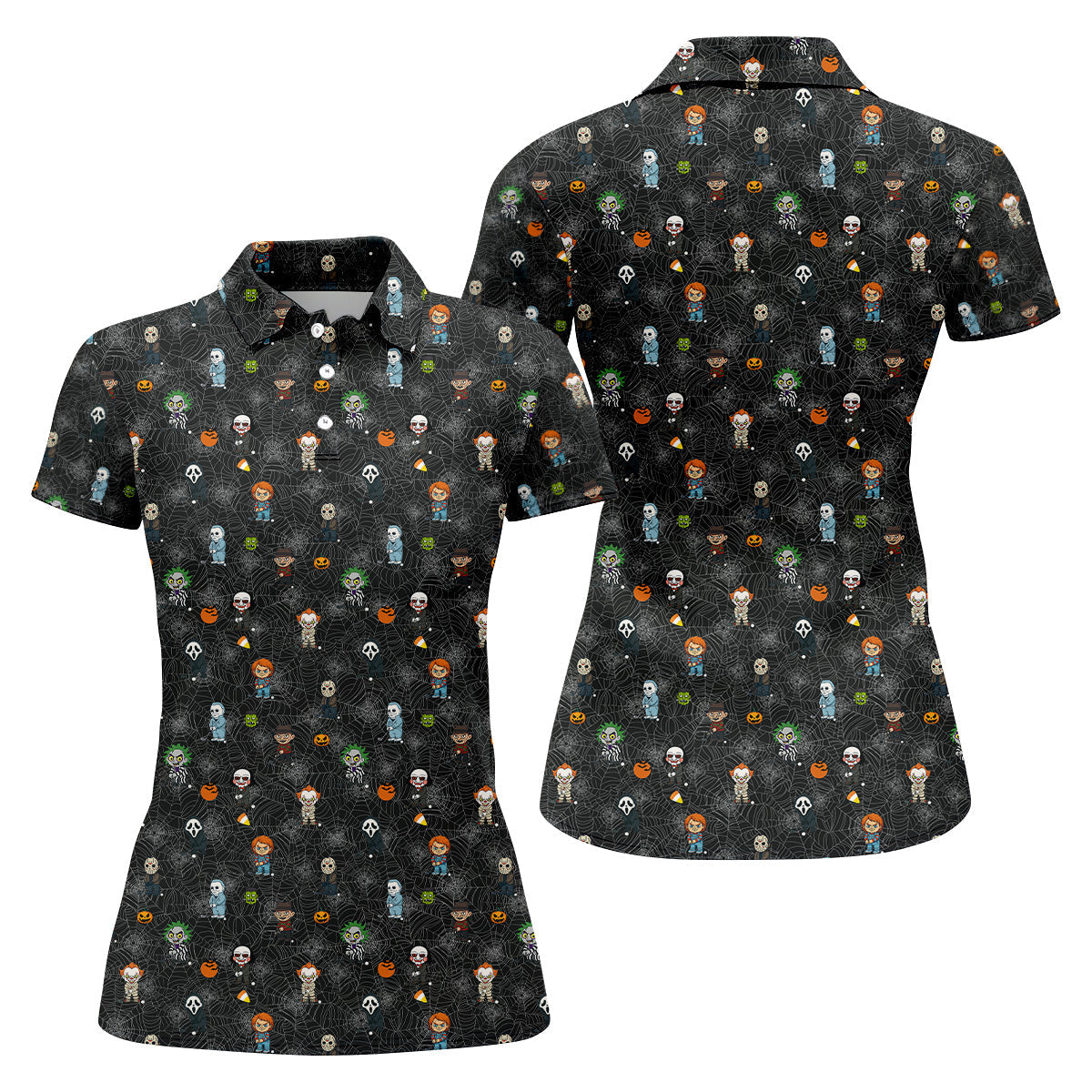 Funny Horror Character Black Golf Polo ShirtHorror Movie Shirt, Halloween Golf Shirt, Womens Golf Polo