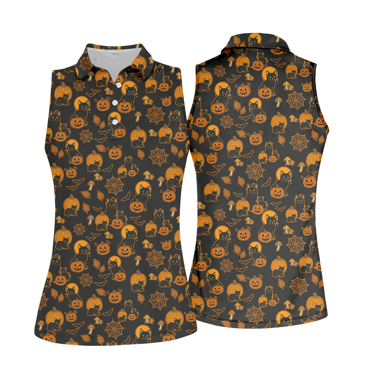 Black Cat Pumpkin Fun Womens Golf Shirts, Sleeveless Polo ShirtLadies Golf Shirts, Golf Hoodie