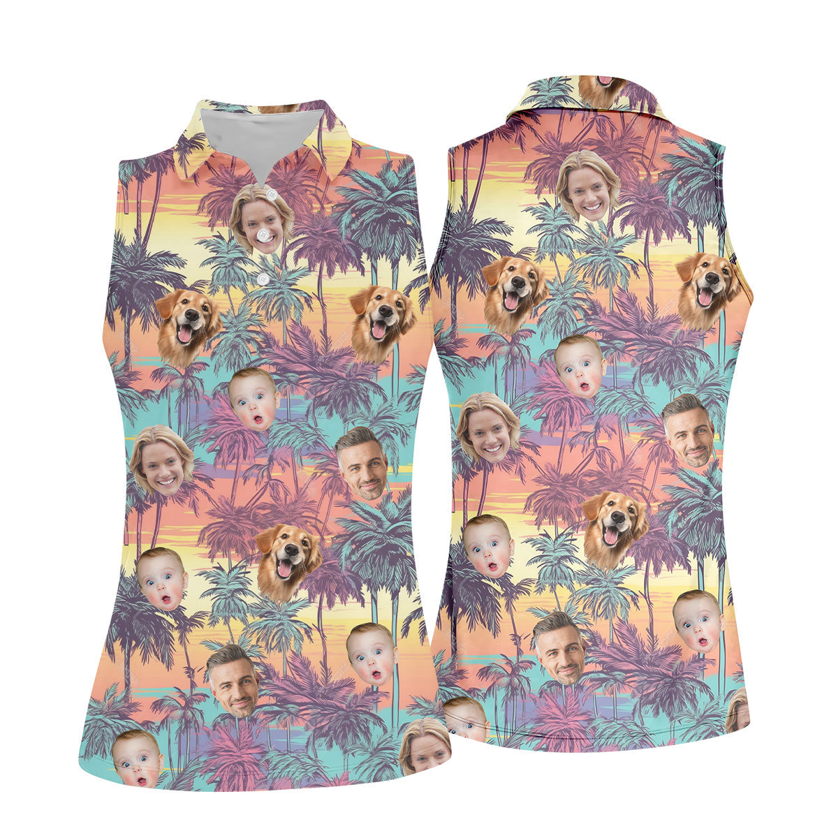 Ladies Palm Tree Shirt, Seamless Pattern, Hawaiian Shirts With Faces, Womens Sleeveless Polo, Ladies Golf Shirts