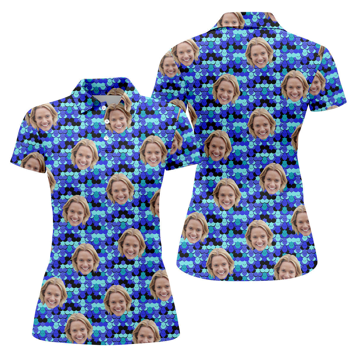 Custom Face Blue Fun Women's Golf Shirts, Ladies Sleeveless Polo, Golfing Apparel