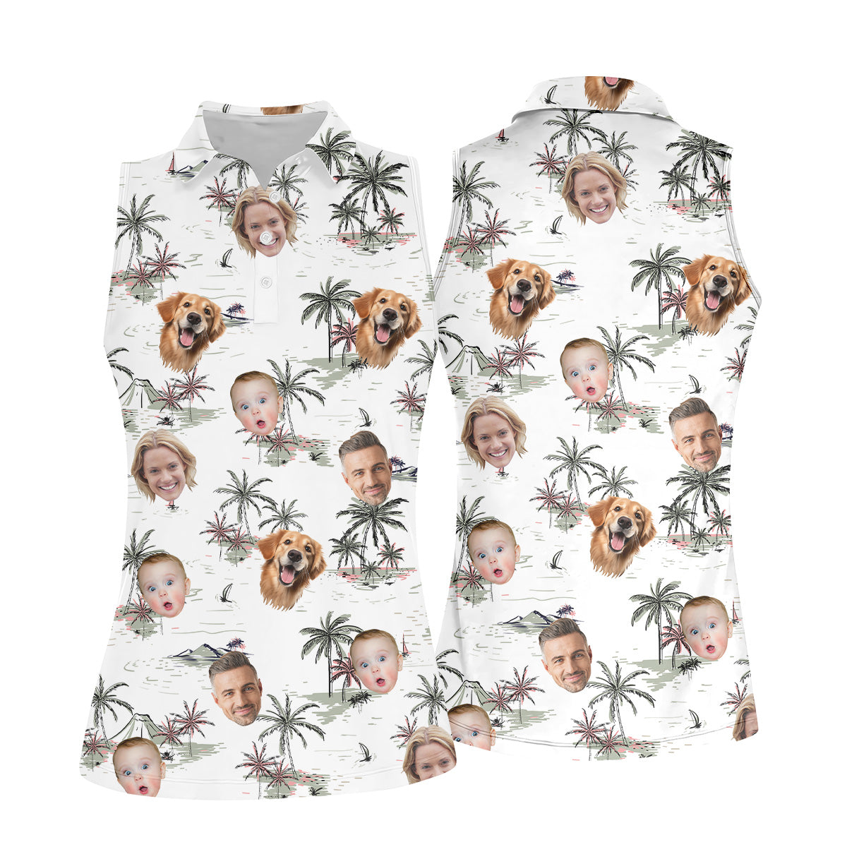 Ladies Palm Tree Shirt, White Hawaiian Shirt, Custom Face Shirt, Womens Sleeveless Polo, Ladies Golf Shirts