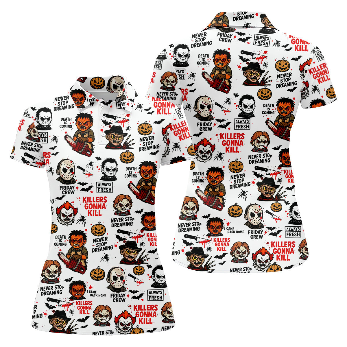 Classic Horror Characters Halloween Golf Shirt, Fun Womens Golf Shirts, Ladies Golf Tops