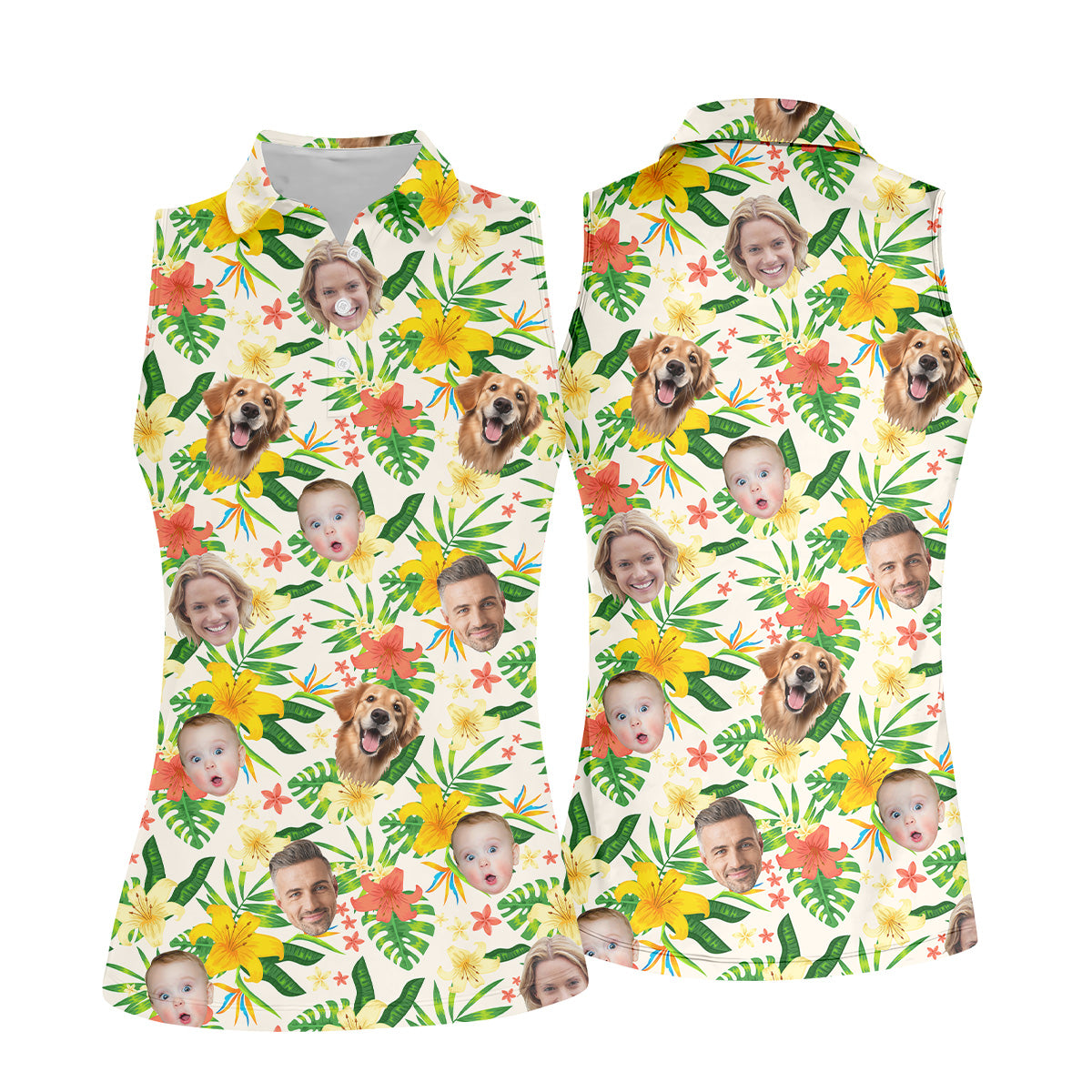 Tropical Leaves Pattern, Hibiscus Hawaiian Shirt, Custom Face Shirt, Womens Sleeveless Polo, Ladies Golf Shirts