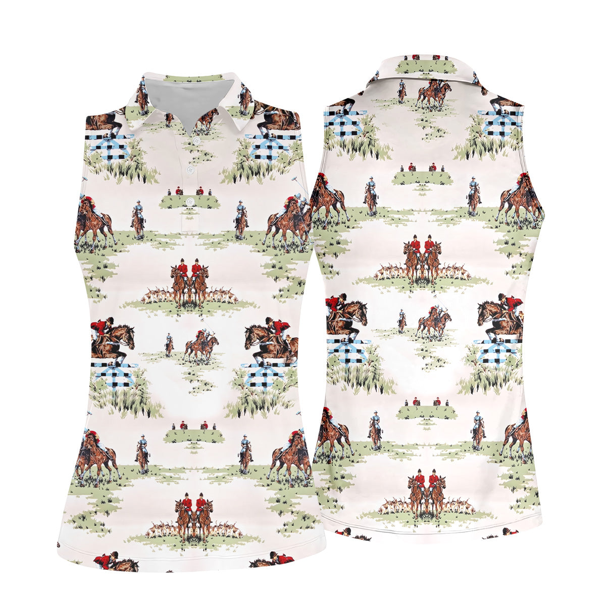 Equestrian Theme Womens Sleeveless Polo, Ladies Golf Polos, Women's Polo ShirtGolfing Apparel