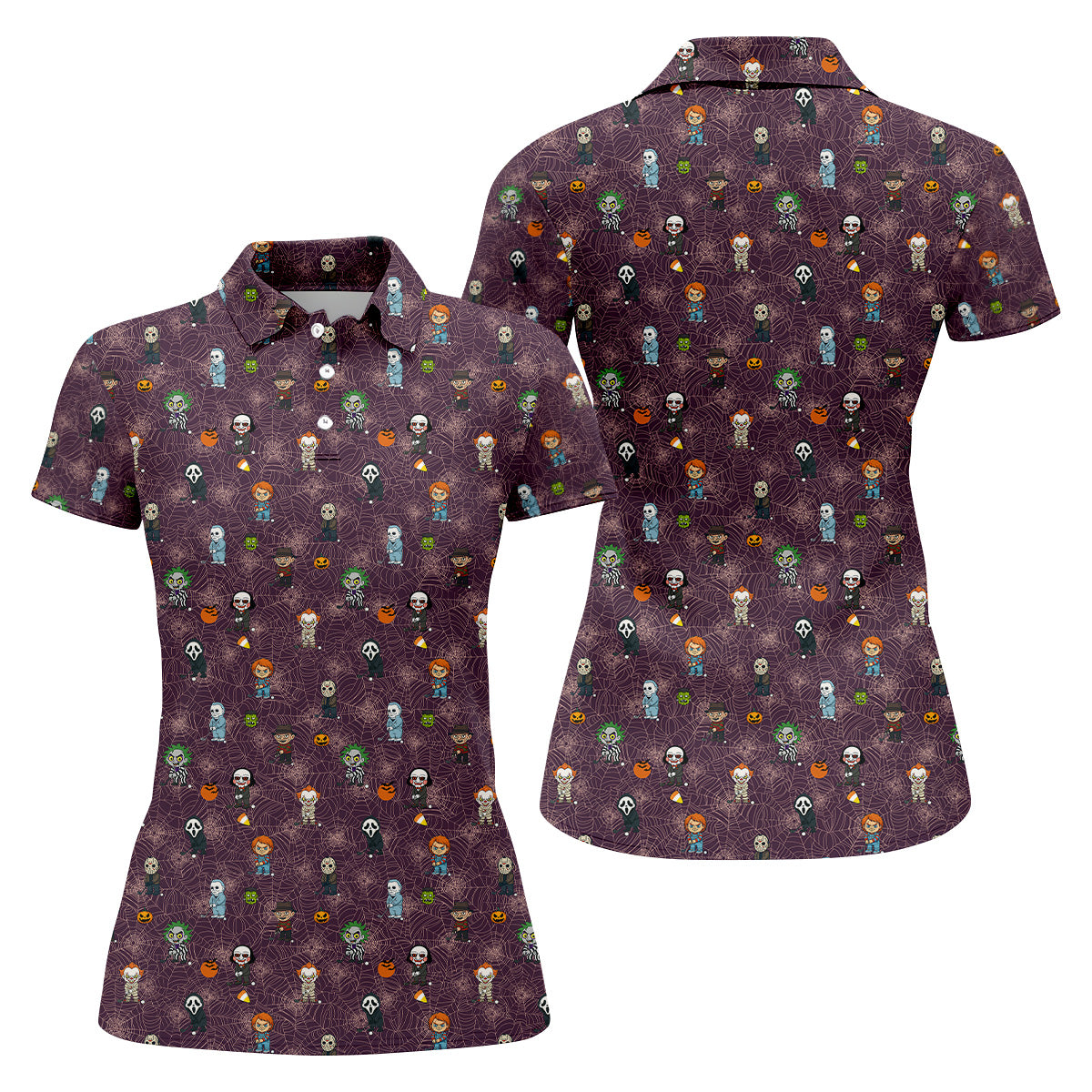 Funny Horror Character Purple Golf Polo ShirtHorror Movie Shirt, Halloween Golf Shirt, Womens Golf Polo