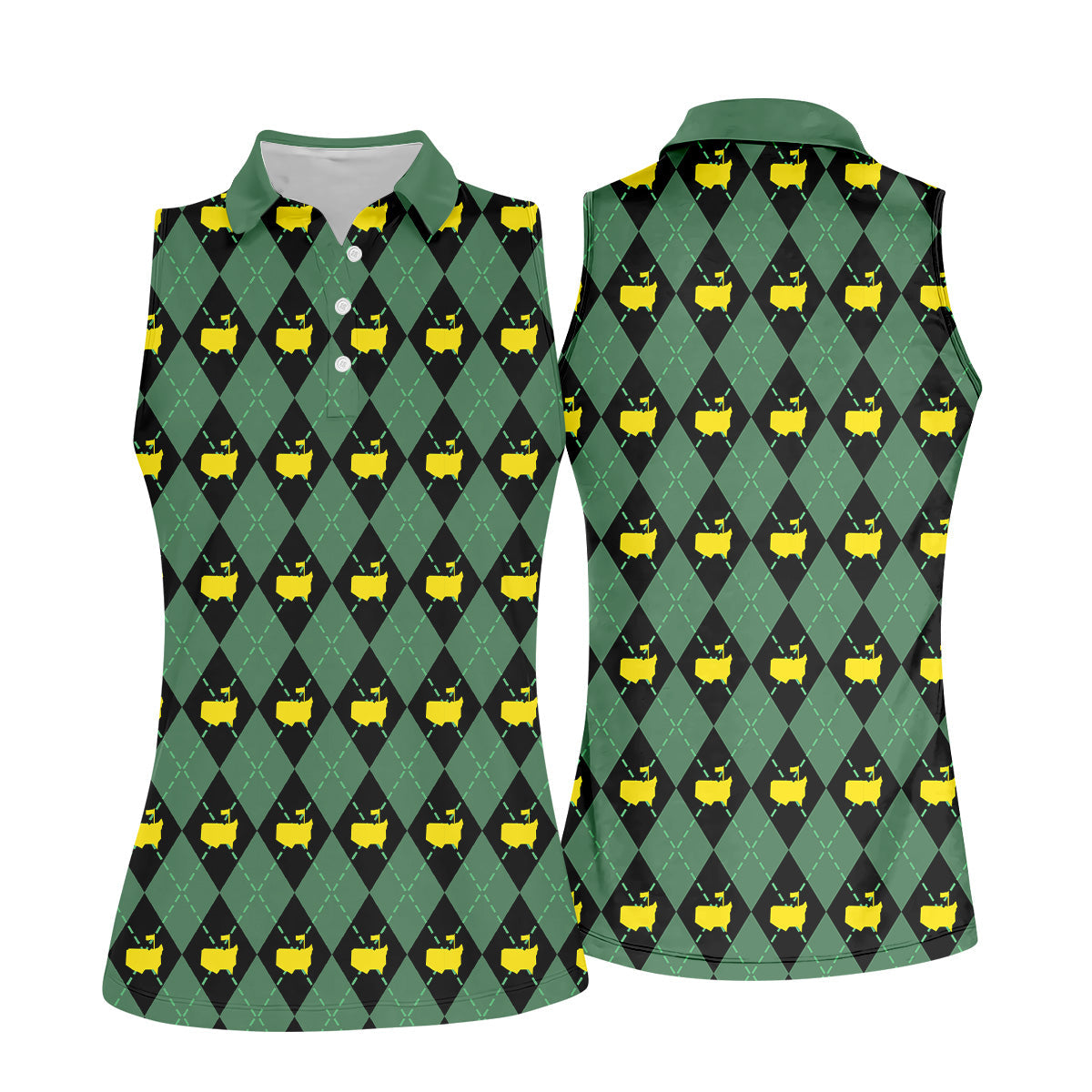 Green and Black Classic Argyle Women Golf Top, Ladies Sleeveless Polo, Women's Polo Shirt