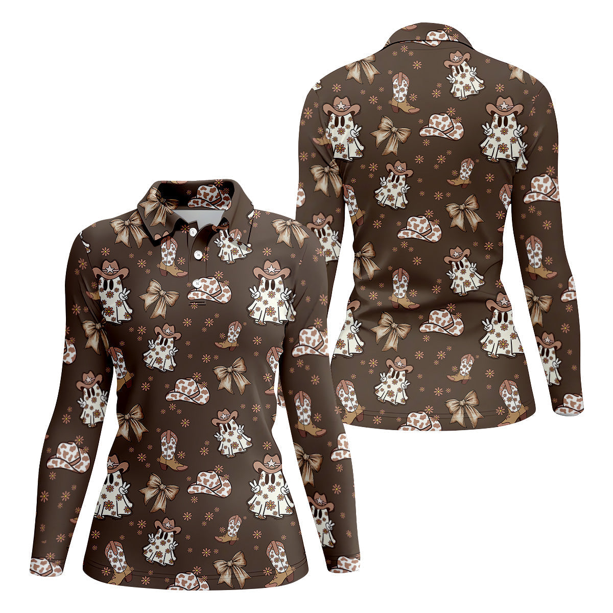 Coquette Halloween Cowboy Ghost Brown Fun Womens Golf Shirts, Ladies Sleeveless Polo, Ladies Golf Shirts