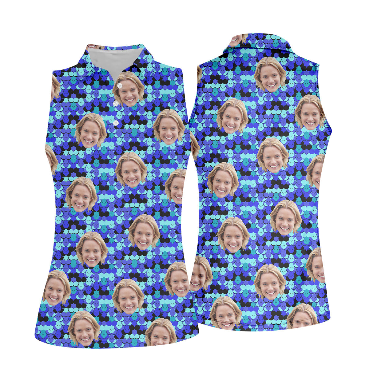 Custom Face Blue Fun Women's Golf Shirts, Ladies Sleeveless Polo, Golfing Apparel