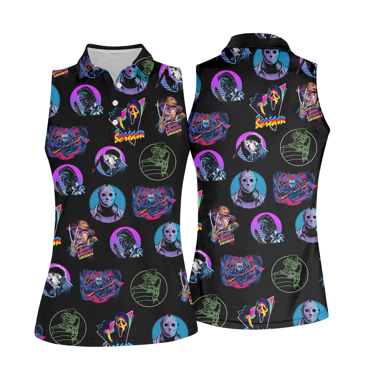 Funny Horror Character Women Golf Shirt, Horror Character Neon Shirt, Halloween Golf Shirt, Scary Halloween Shirts