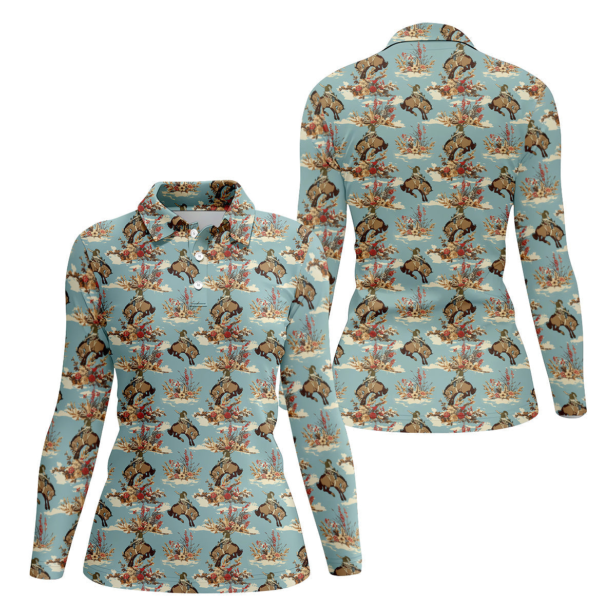 Cowboy Pattern Vintage Blue Golf Shirt, Womens Golf Shirts, Ladies Golf Shirts, Golfing Apparel