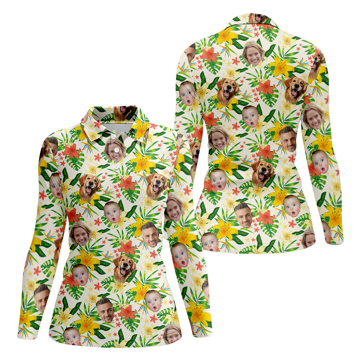 Tropical Leaves Pattern, Hibiscus Hawaiian Shirt, Custom Face Shirt, Womens Sleeveless Polo, Ladies Golf Shirts