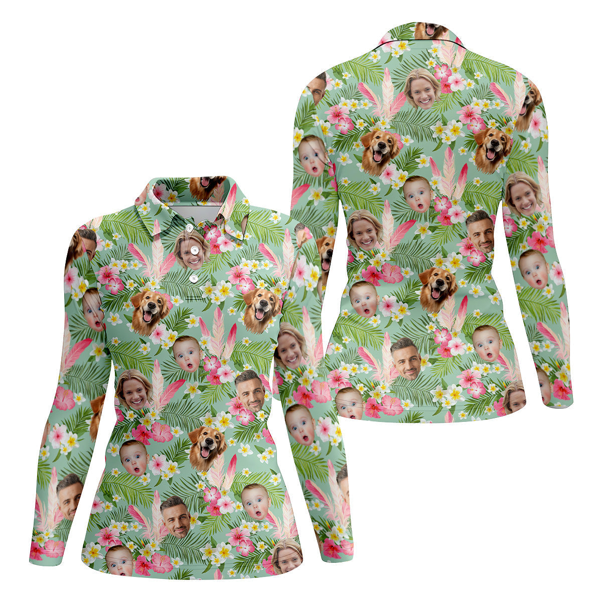 Hibiscus Hawaiian Shirt, Green Hawaiian Shirt, Custom Face Shirt, Womens Long Sleeve Golf Shirts, Ladies Golf Shirts