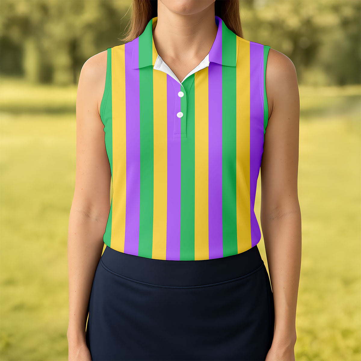 Green Gold Purple Vertical Stripe Mardi Gras Golf Shirt, Women's Golf Shirts, Ladies Golf Polos