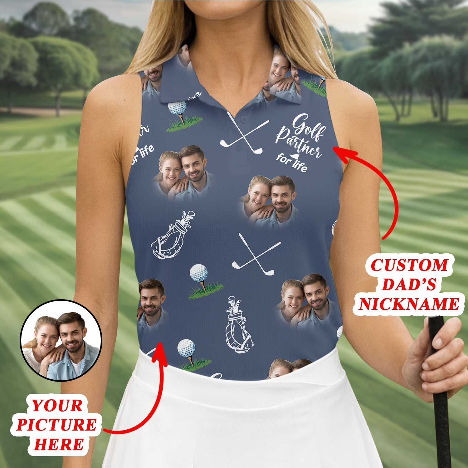 Golf Partner For Life Custom Photo Navy Golf Shirt, Valentines Golf Gift, Women Golf Top, Ladies Golf Polos
