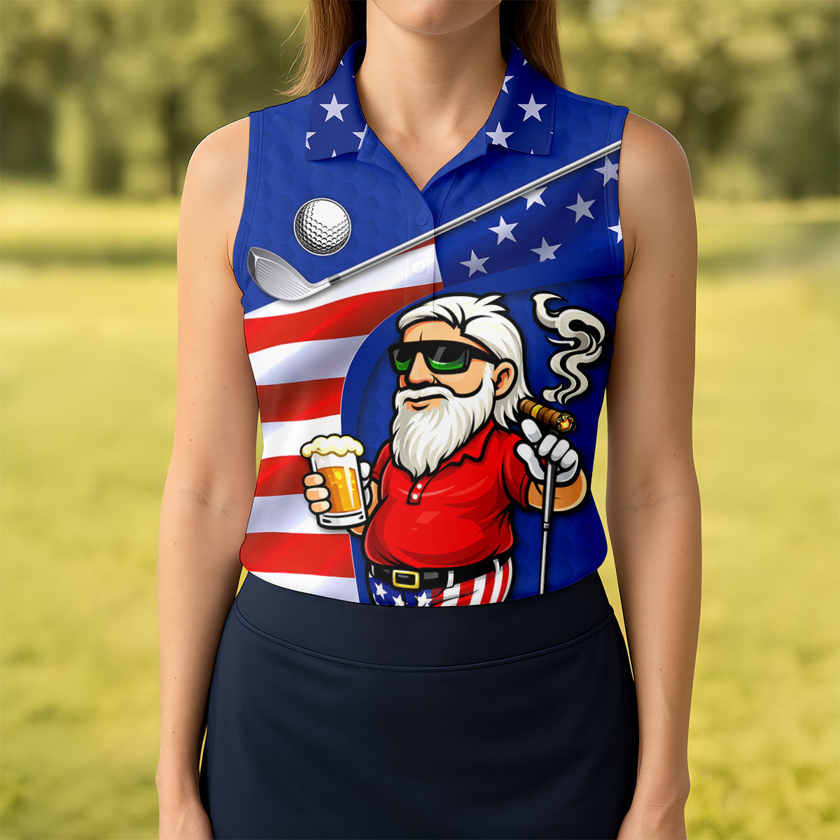 Golf And Beer Patriotic Man Golf Ball Pattern 4th Of July Navy Golf Shirt, 250th Anniversary Women's Golf Tops