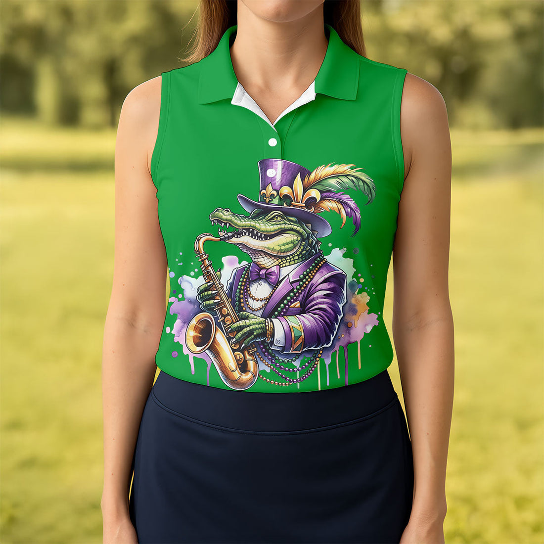 Mardi Gras Alligator Playing Saxophone Green Golf Shirt, Women's Golf Tops, Ladies Golf Shirt