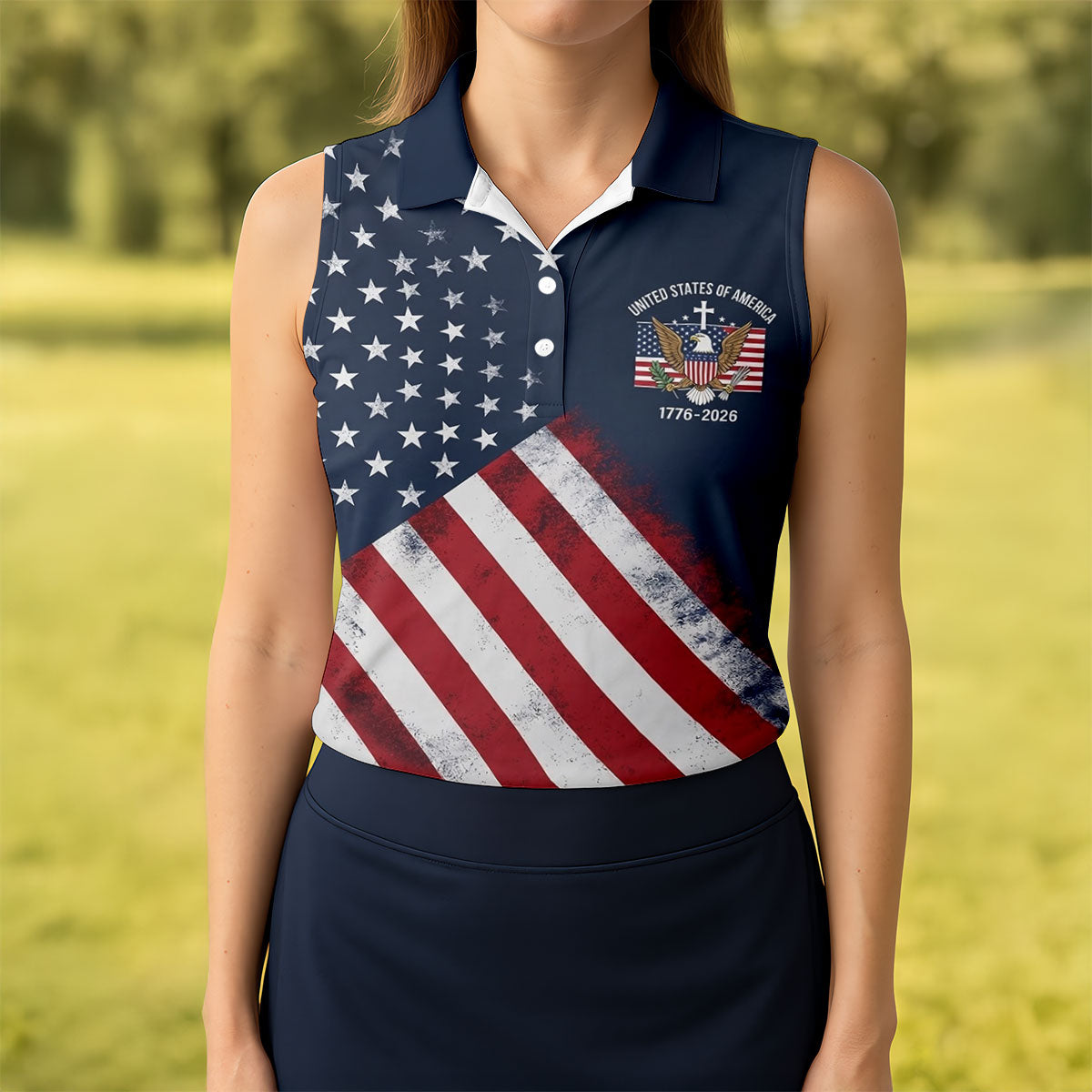 US Bald Eagle Distressed Flag 250 Faith Cross Ladies Golf Tops, Patriotic 4th Of July Golf Shirt For Women