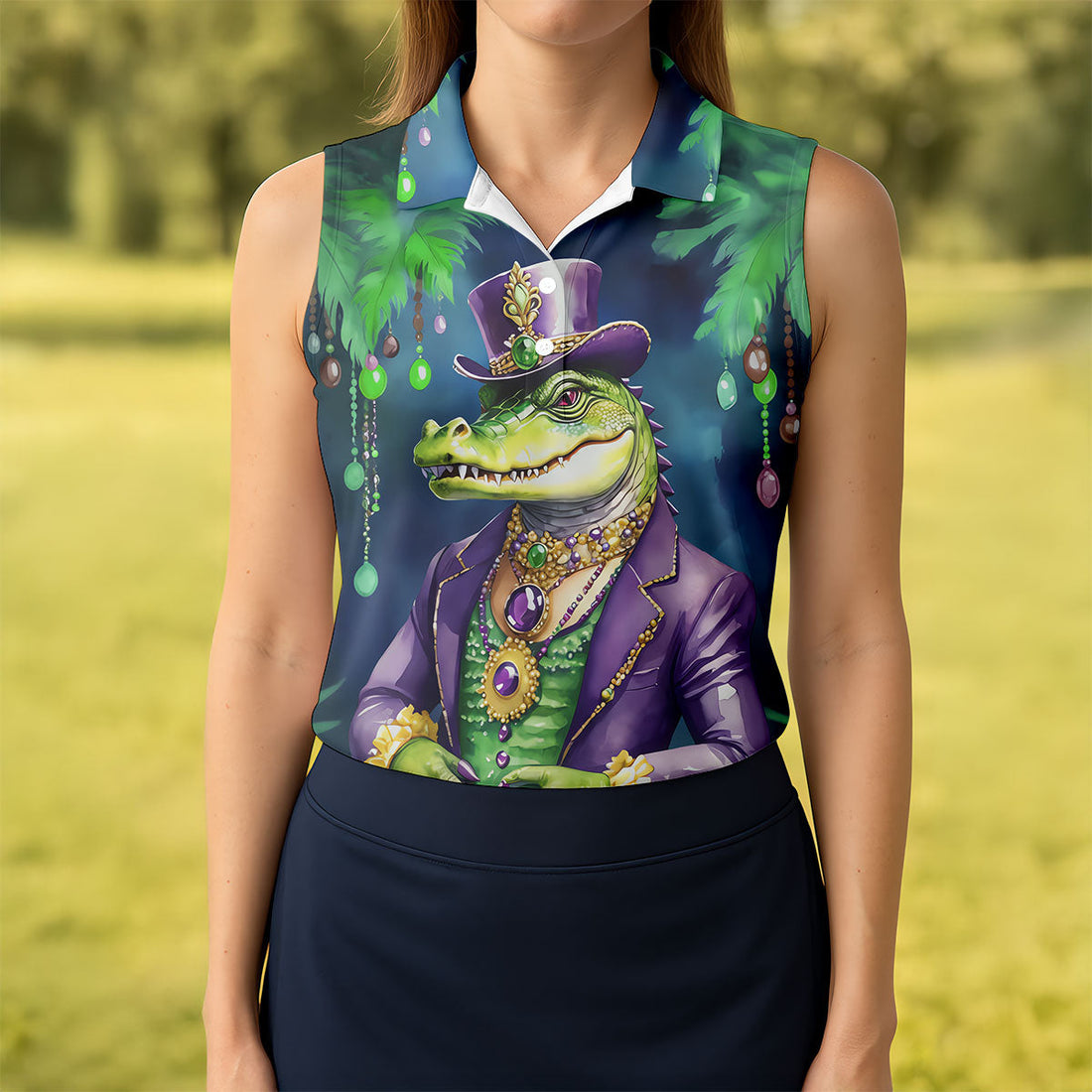 Mardi Gras Alligator Navy Golf Shirt, Fun Women's Golf Shirts, Women's Golf Tops, Ladies Golf Polos