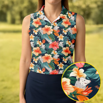 Large Hibiscus Flowers Tropical Vibe Ladies Golf Tops, Hawaiian Golf Shirts, Golf Shirt For Women