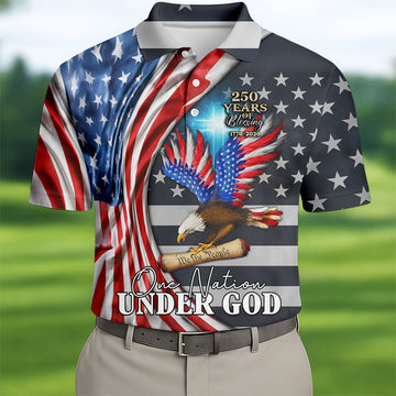One Nation Under God 250 Years Of Blessing Golf Tops For Men, Patriotic Father's Day Golf Shirt