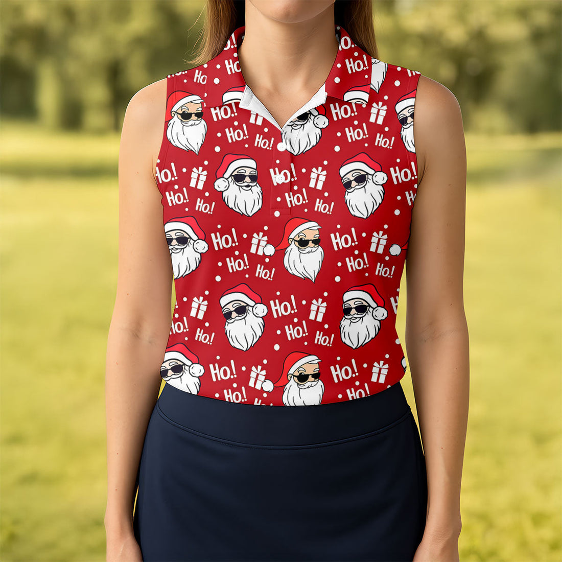 Santa Claus Pattern Christmas Red Fun Women's Golf Shirts, Christmas Golf Shirt, Ladies Golf Shirts