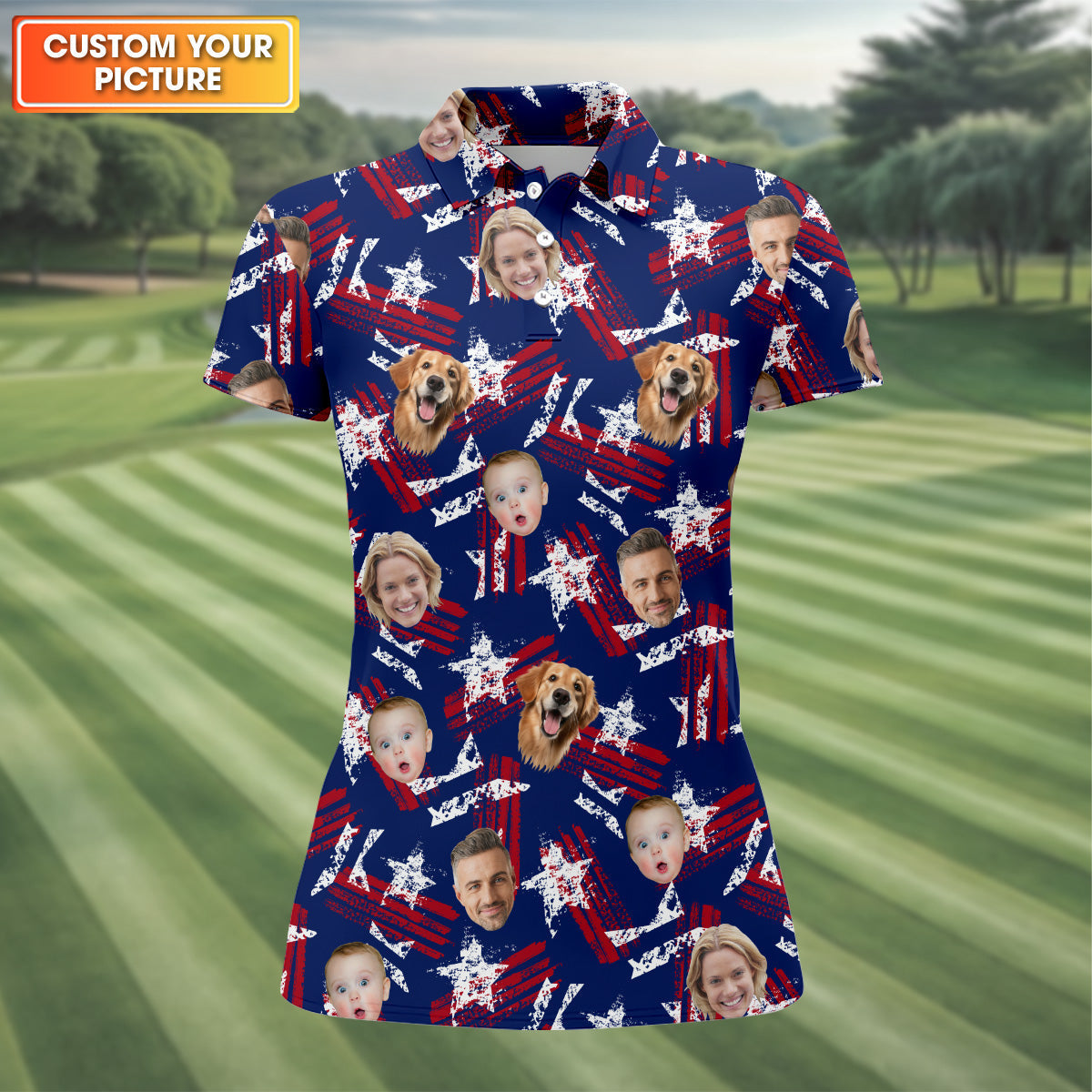 Custom Face Shirt, Patriotic Golf Polos, Golf Tops For Women, USA Golf Polo, Women's Golf Polo Shirt