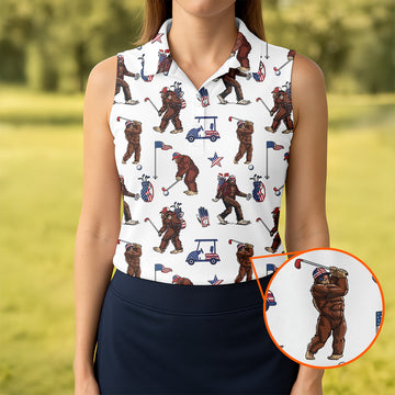 Funny Bigfoot Ladies Patriotic Golf Shirts, Cute Women's Golf Clothes, Ladies Golf Shirts
