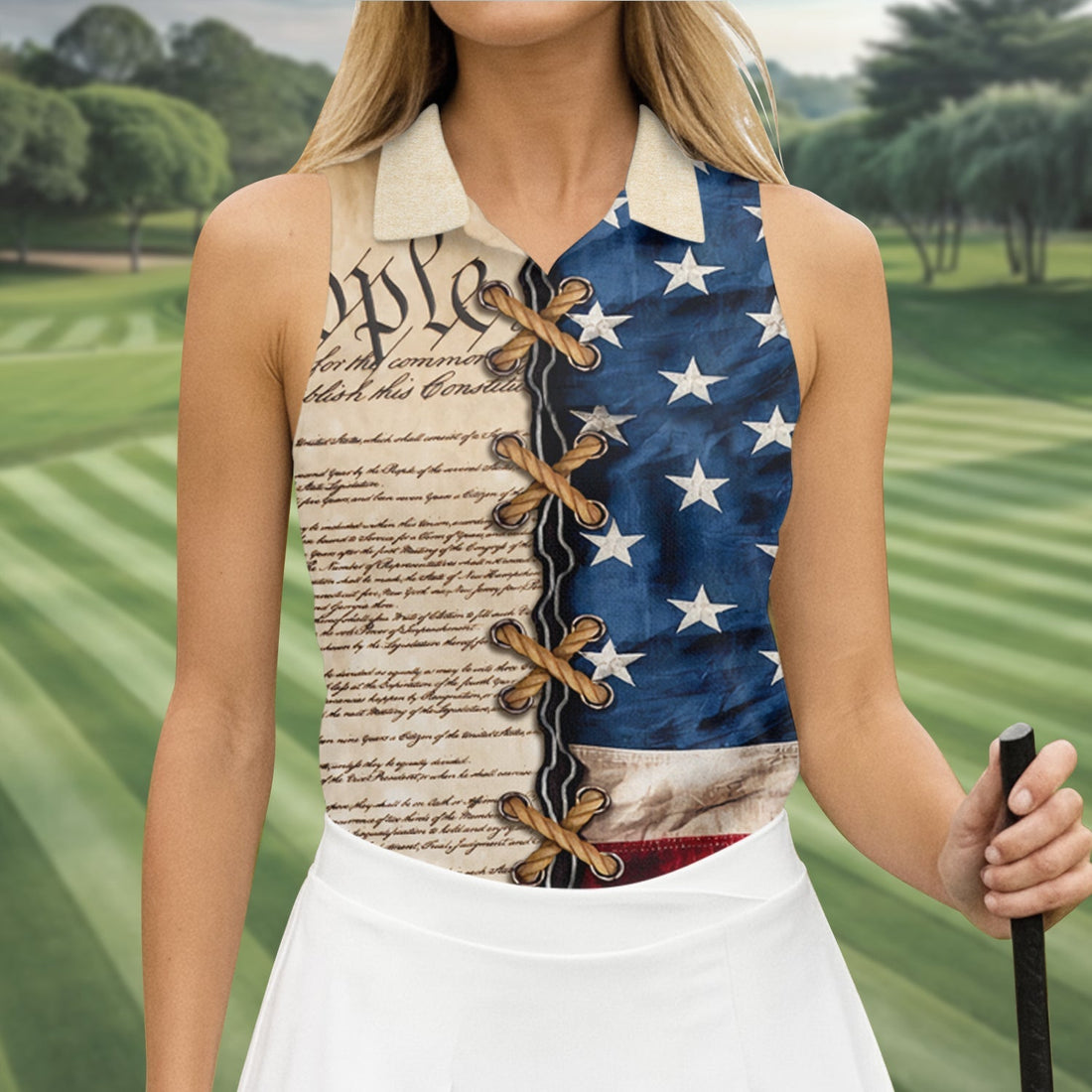 We The People Preamble Patriotic 4th Of July Beige Golf Shirt, 250th Anniversary Women's Golf Tops
