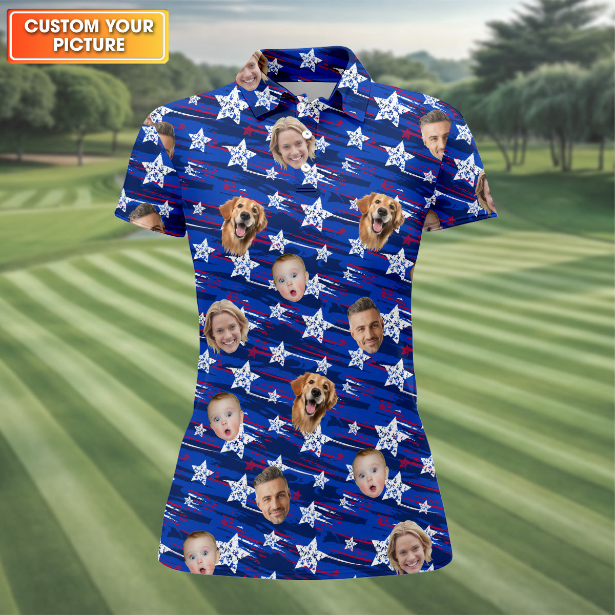 Family Portrait Golf Shirt, Patriotic Golf Shirt, Golf Shirt Gift For Women, Women's Golf Polo ShirtUSA Golf Shirt For Ladies