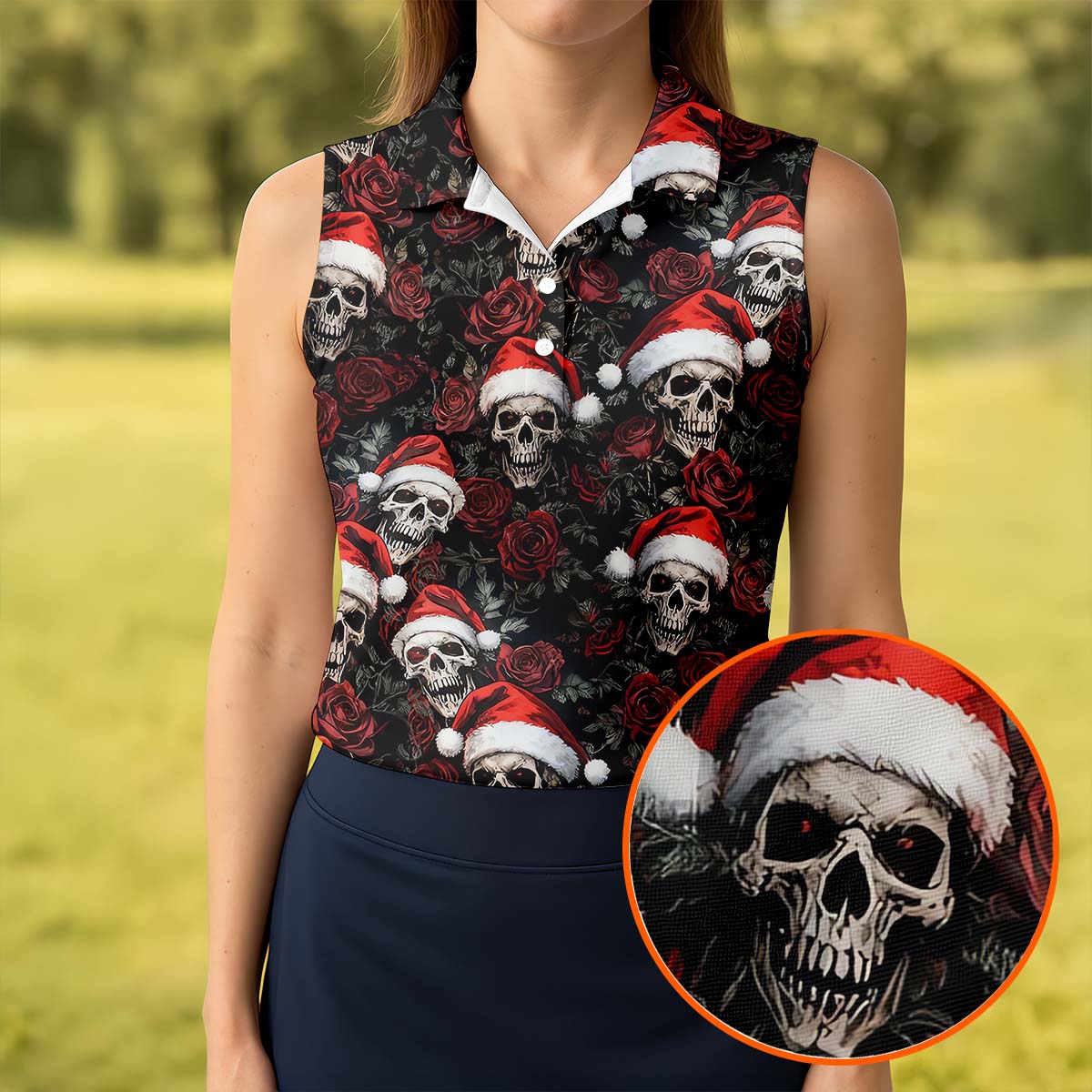 Vintage Skull And Roses Christmas Golf Shirt, Cool Golf Outfit, Ladies Golf Shirts, Women's Polo Shirt