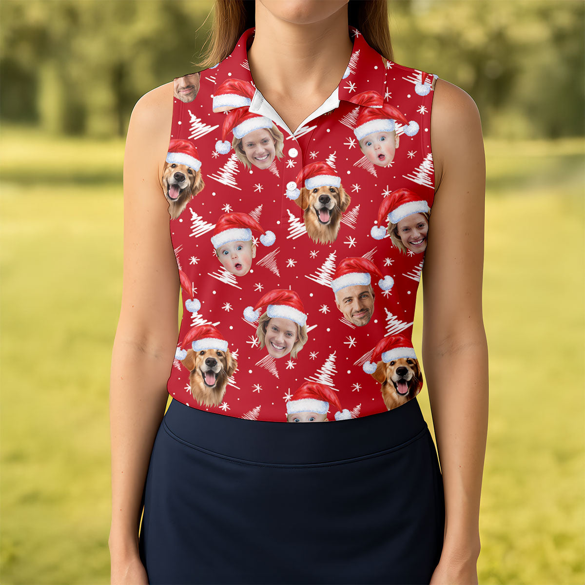 Custom Face Snow Pine Tree Red Golf Shirt, Christmas Golf Shirt, Ladies Golf Shirts, Golf Gifts For Women