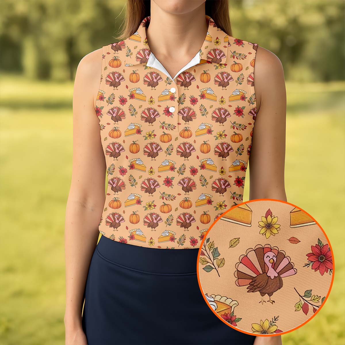 Cute Thanksgiving Turkey Pumpkin Pie Women's Golf Tops, Orange Golf Shirt, Thanksgiving Golf Gift For Ladies