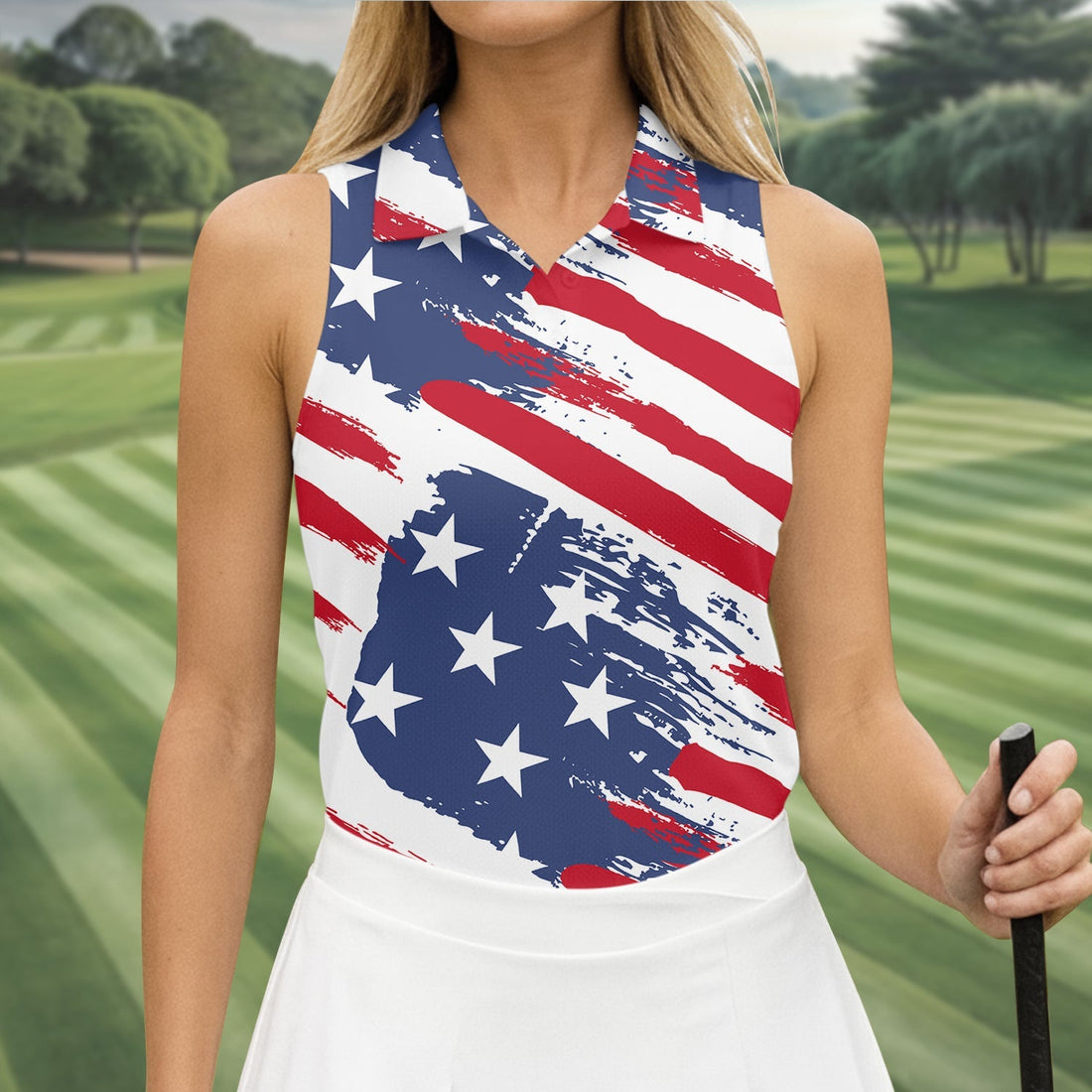 Distressed America Flag Pattern Women's Golf Tops, 250th Anniversary Ladies Golf Shirts