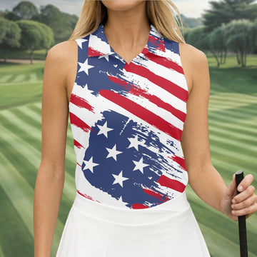 Distressed America Flag Pattern Women's Golf Tops, 250th Anniversary Ladies Golf Shirts