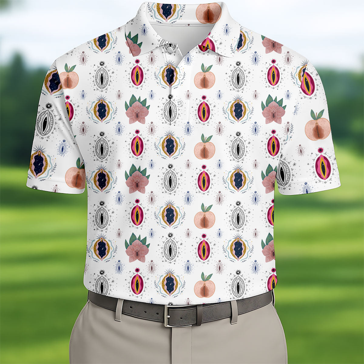 Abstract Peach Botanical Pattern Golf Shirt, Mens Golf Polo, Golf Apparel For Men