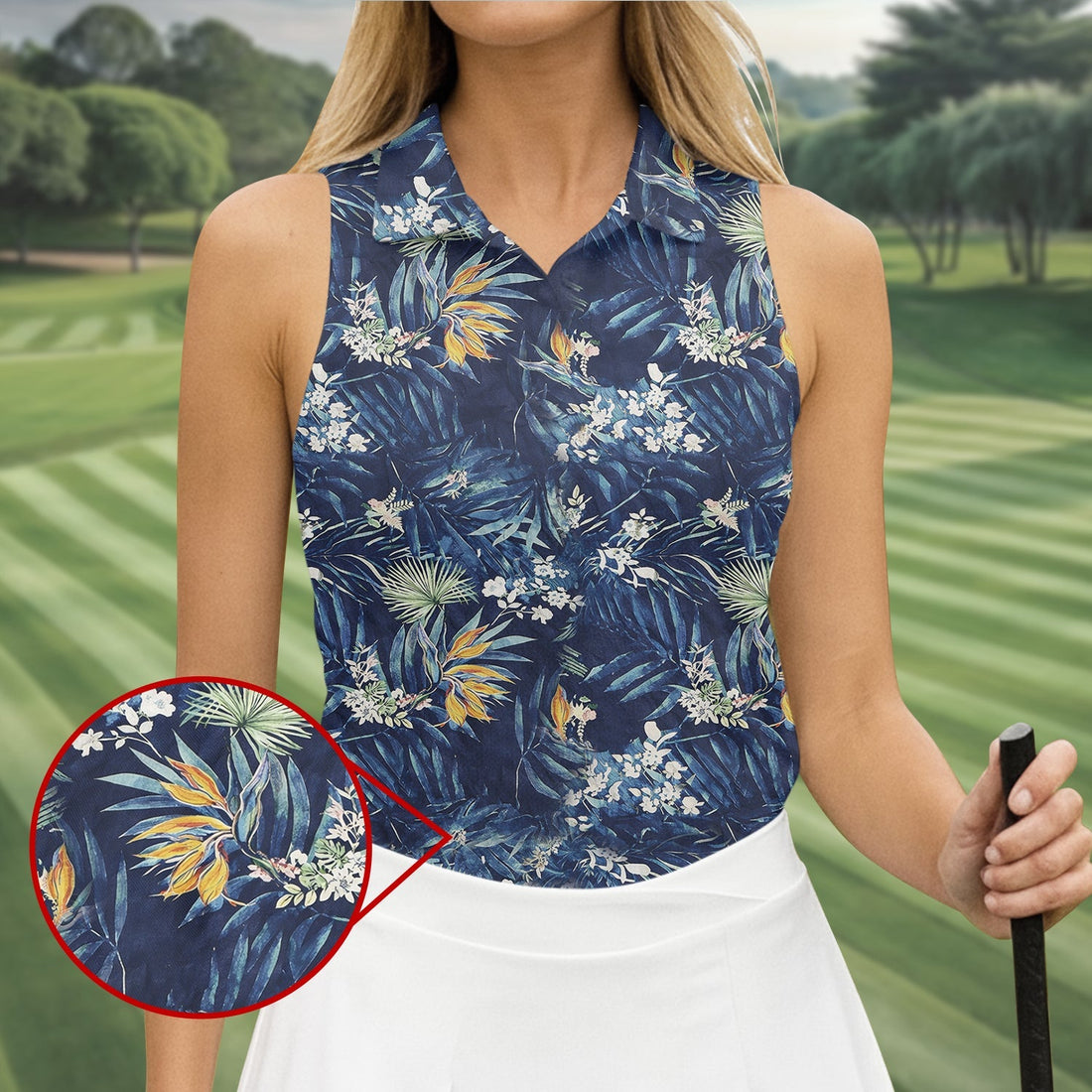 Navy Palm Tropical Hawaiian Vibe Women's Golf Shirts, Women's Golf Tops, Ladies Golf Shirts