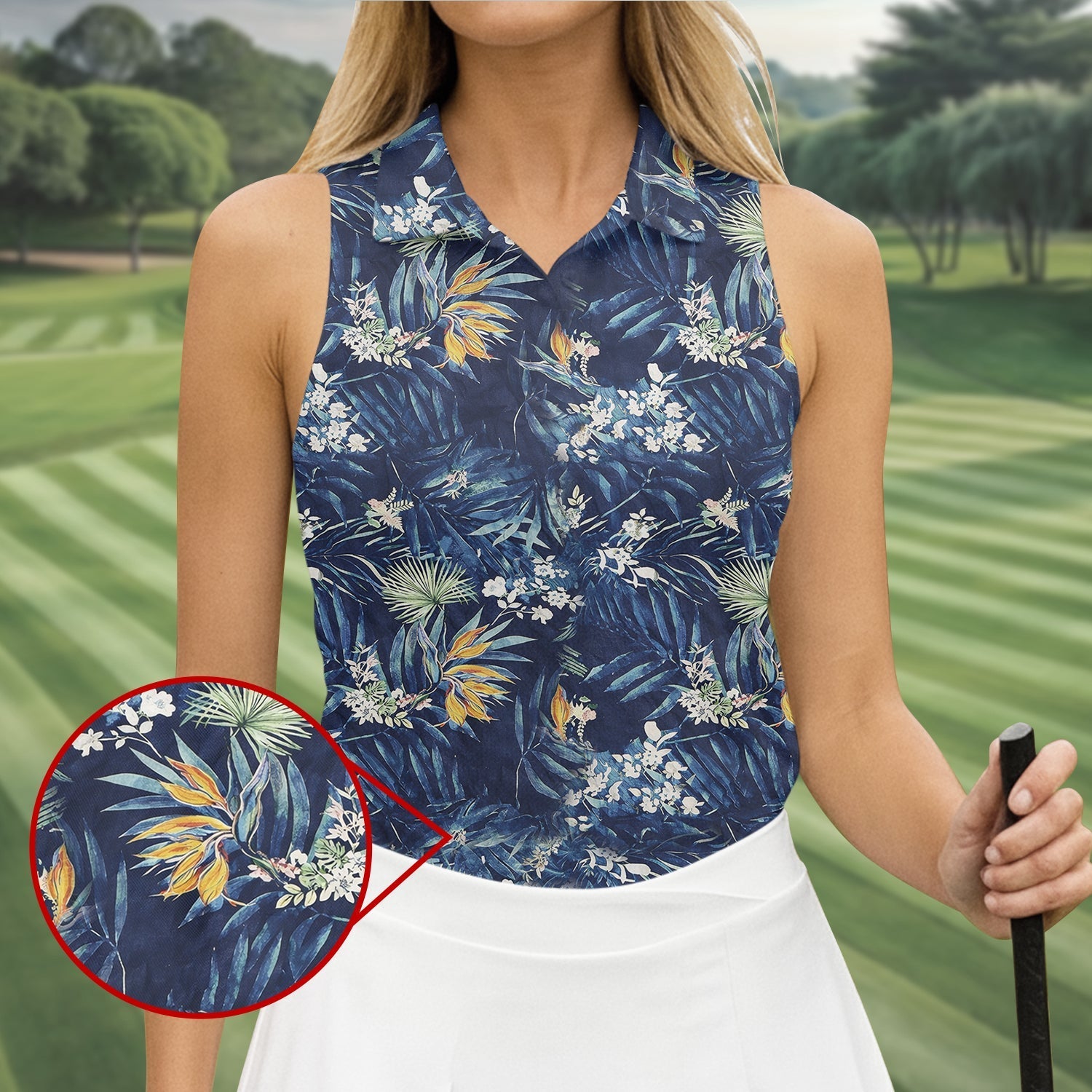 Navy Palm Tropical Hawaiian Vibe Women's Golf Shirts, Women's Golf Tops, Ladies Golf Shirts