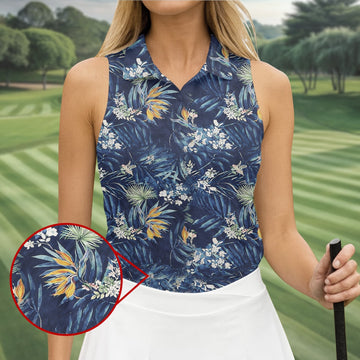 Navy Palm Tropical Hawaiian Vibe Women's Golf Shirts, Women's Golf Tops, Ladies Golf Shirts