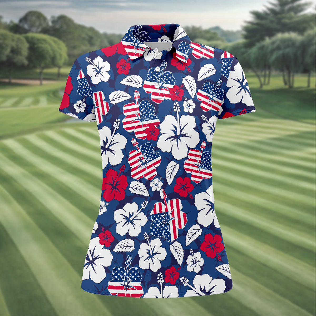 Tropical Hibiscus American Flag Womens Golf Polo Shirt Patriotic Golf Shirt, USA Golf Shirt Custom Ladies Golf Shirt