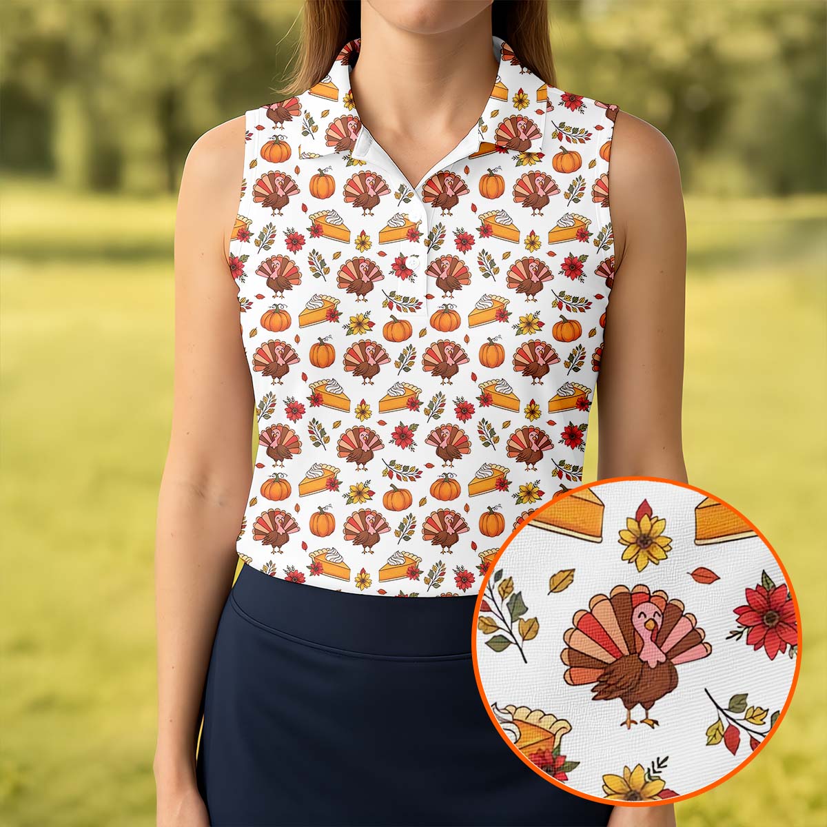 Cute Thanksgiving Turkey Pumpkin Pie Women's Golf Tops, Thanksgiving Golf Gift For Ladies, White Polo Women