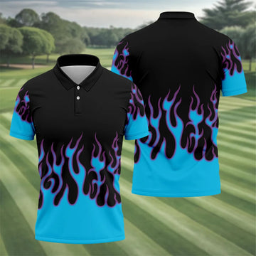 Black Cyan Purple Flame Sleeve Golf Shirt, Golf Shirts For Men, Mens Golf Apparel
