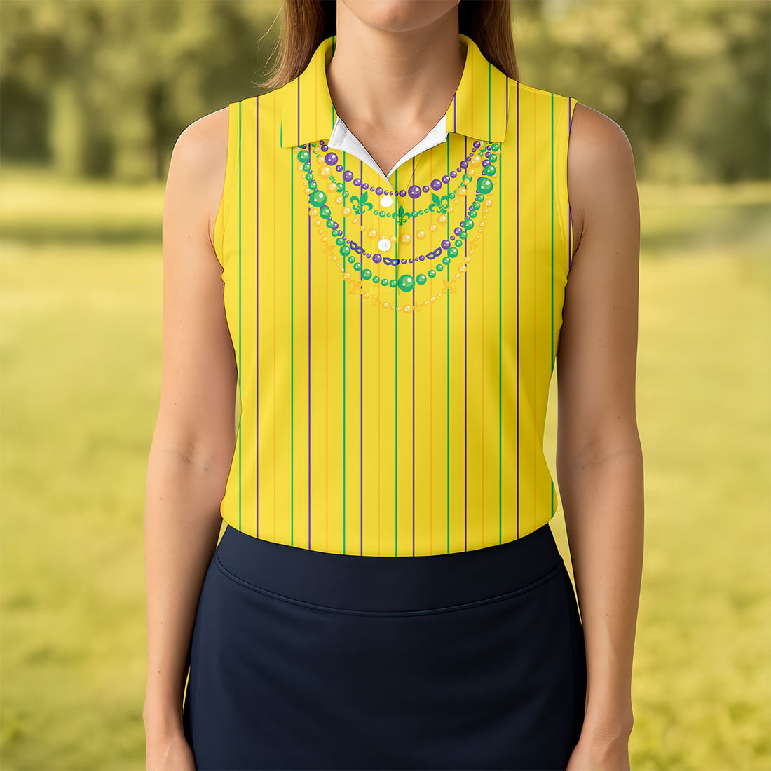 Mardi Gras Beads Necklaces Print Yellow Golf Shirt, Women's Golf Shirts, Ladies Golf Polos, Golf Shirt For Women