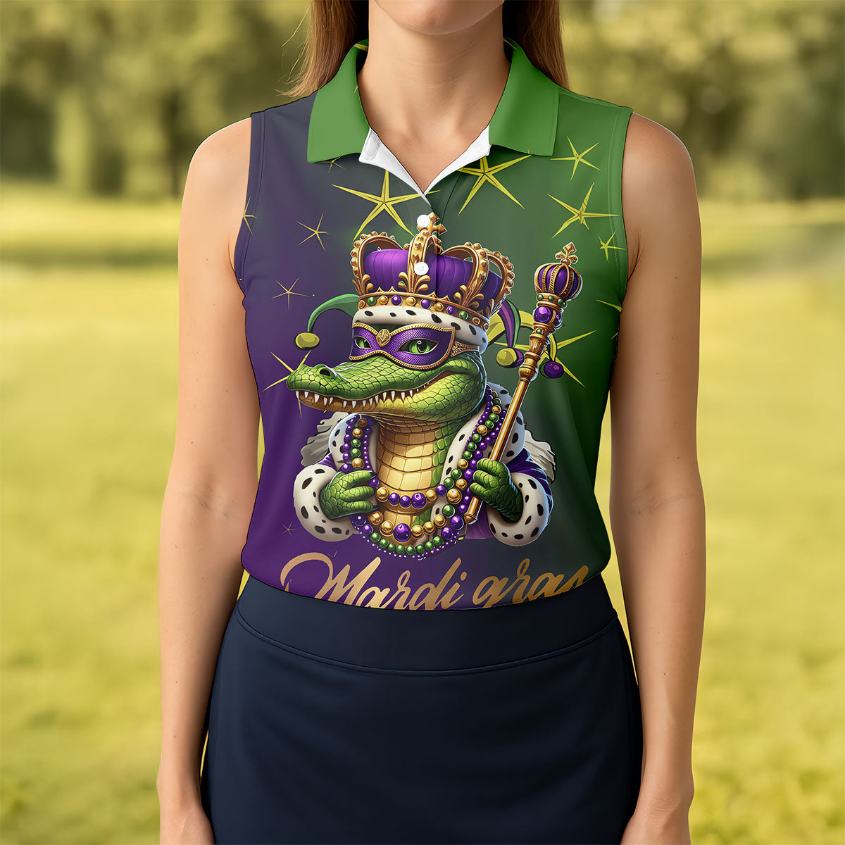 Mardi Gras Aligator Crown Mask Purple Green Gold Women's Golf Shirts, Women's Golf Tops, Ladies Golf Shirts