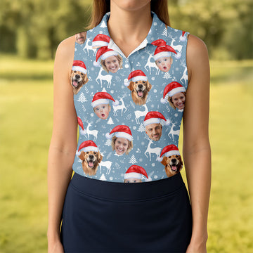 Custom Face Reindeer Pattern Ice Blue Christmas Golf Shirt, Women's Golf Tops, Golf Gift For Ladies
