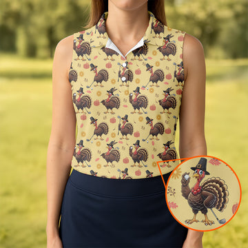 Turkey Thanksgiving Fun Women's Golf Shirts, Ladies Sleeveless Polo, Women's Polo Shirt