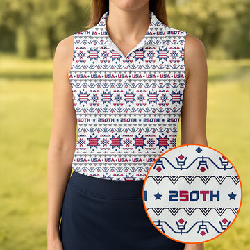 Red White Blue Ohio Star Quilt Pattern 4th Of July Women Golf Top, 250th Anniversary Patriotic Golf Shirt
