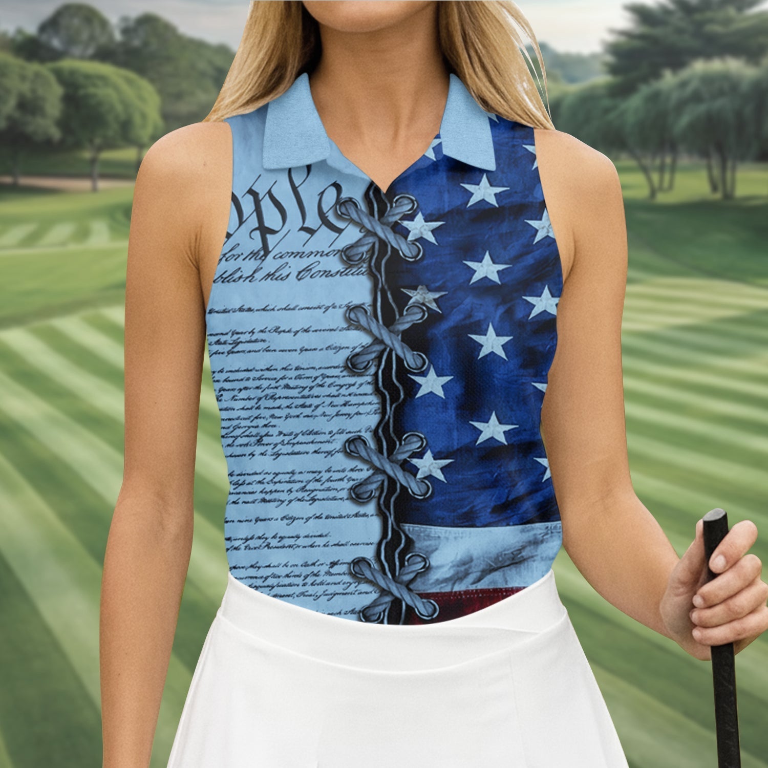 We The People Preamble Patriotic 4th Of July Blue Golf Shirt, 250th Anniversary Women's Golf Tops