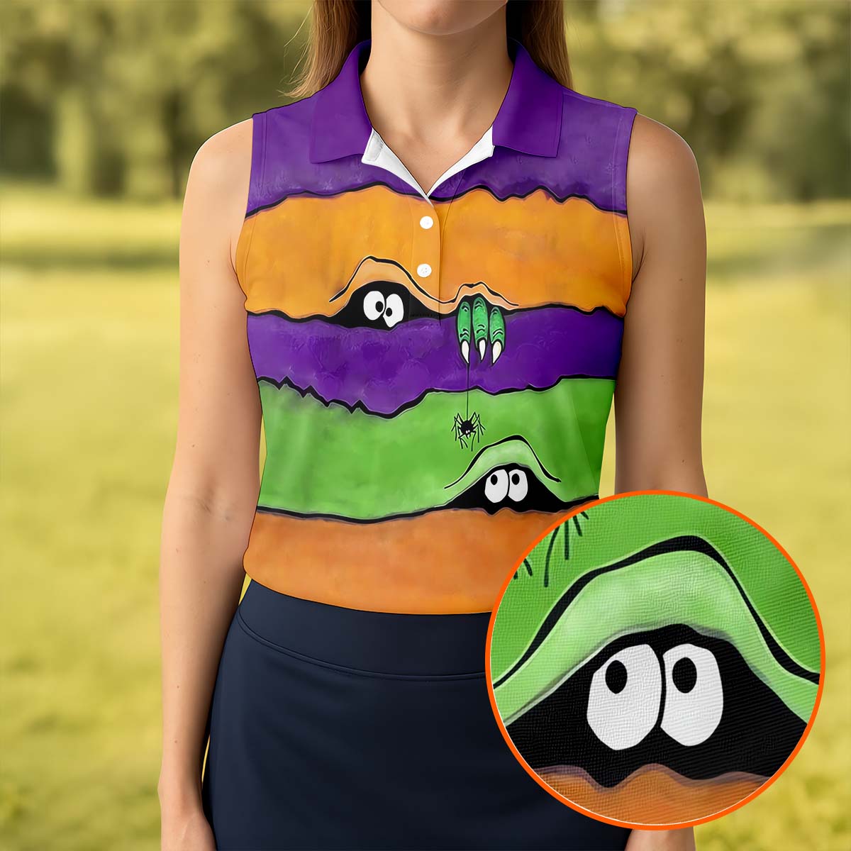 Funny Halloween Peeping Eyes Ladies Golf Polos, Women's Golf Tops, Halloween Golf Shirt