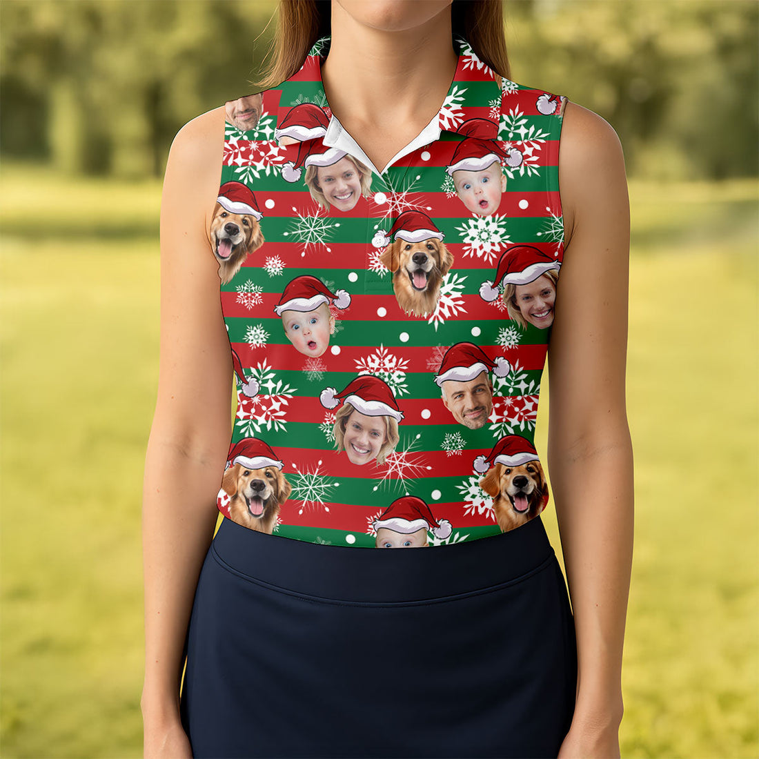 Custom Face Red Green Stripe Christmas Women's Golf Tops, Ladies Golf Shirts, Christmas Golf Gift