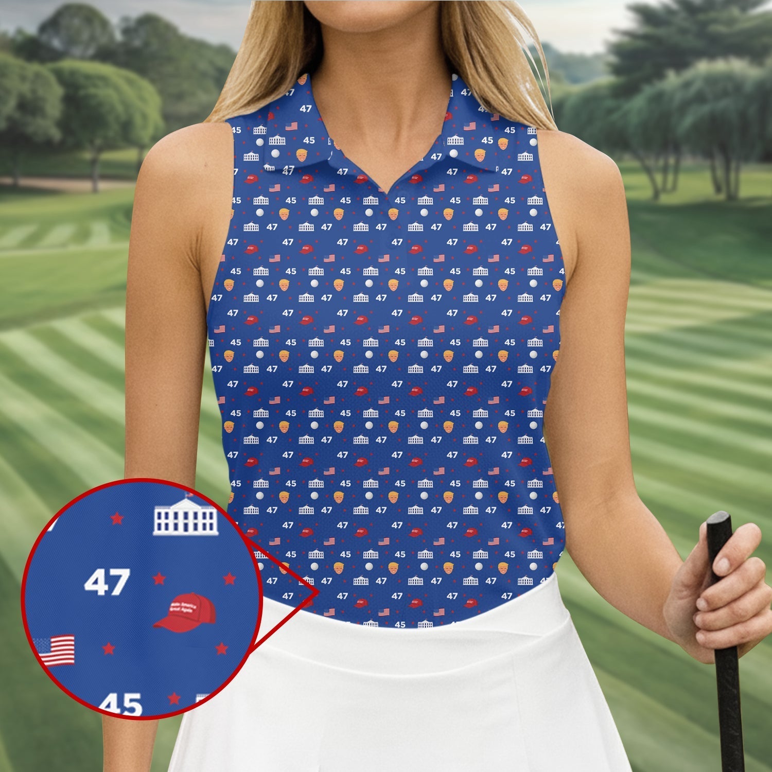 45 47 US Flag Pattern Blue Golf Shirt, Funny Golf Shirt, Women's Golf Tops, Ladies Golf Shirts